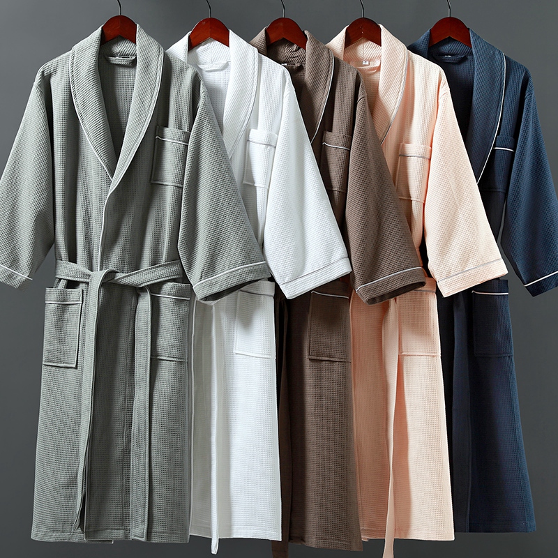 綿100% スモールワッフルショールカラー パイピングバスローブ 綿100% スモールワッフルショールカラー パイピングバスローブ