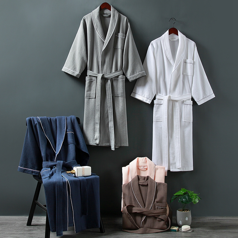 綿100% スモールワッフルショールカラー パイピングバスローブ 綿100% スモールワッフルショールカラー パイピングバスローブ